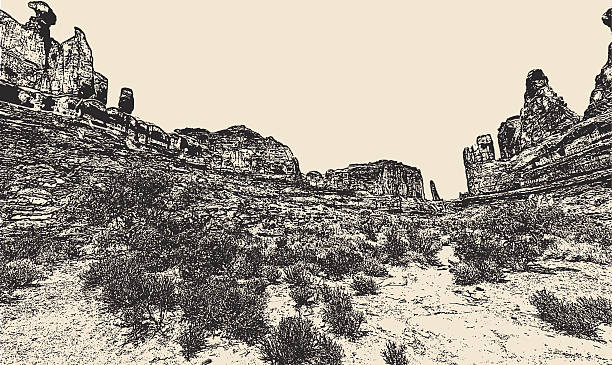 Park Avenue Rock Formations in Arches National Park Engraving illustration of towering rock formations in Arches National Park with Navajo Sandstone and Junipers. juniper tree juniperus osteosperma stock illustrations