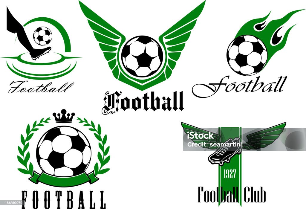 Football game icons or emblems set Football game icons or emblems set with winged and flaming ball, spike soccer shoes and ball inside laurel leaves 2015 stock vector