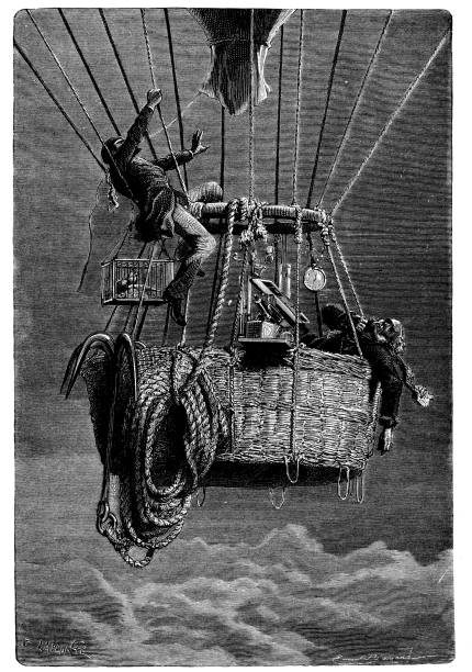 Antique illustration of hot air baloon accident