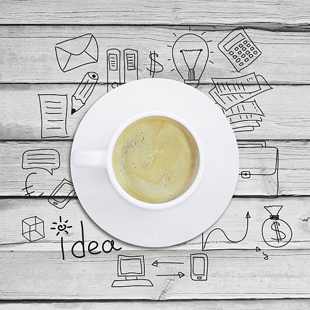 istock Cup of coffee with business sketches 486415769