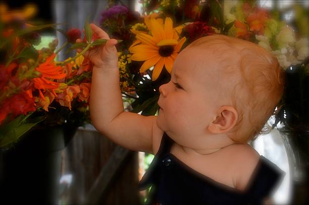 istock baby looking at flowers 486416639