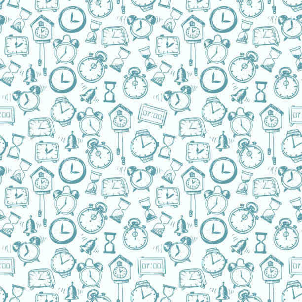 Seamless background with doodle sketch watches Seamless background with doodle sketch watches and other time symbols. Hand-drawn illustration. clock designs stock illustrations