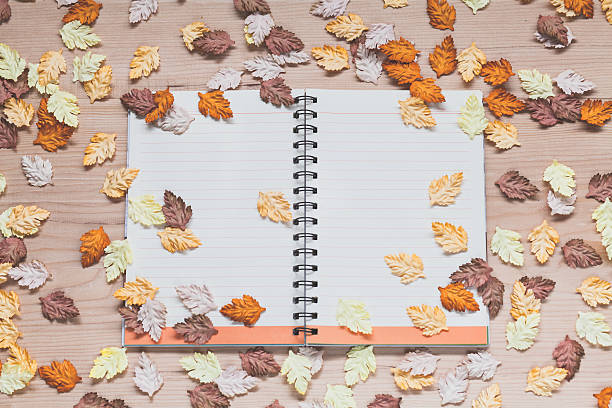 istock Spiral notebook with maple leaves on wood background 486417326