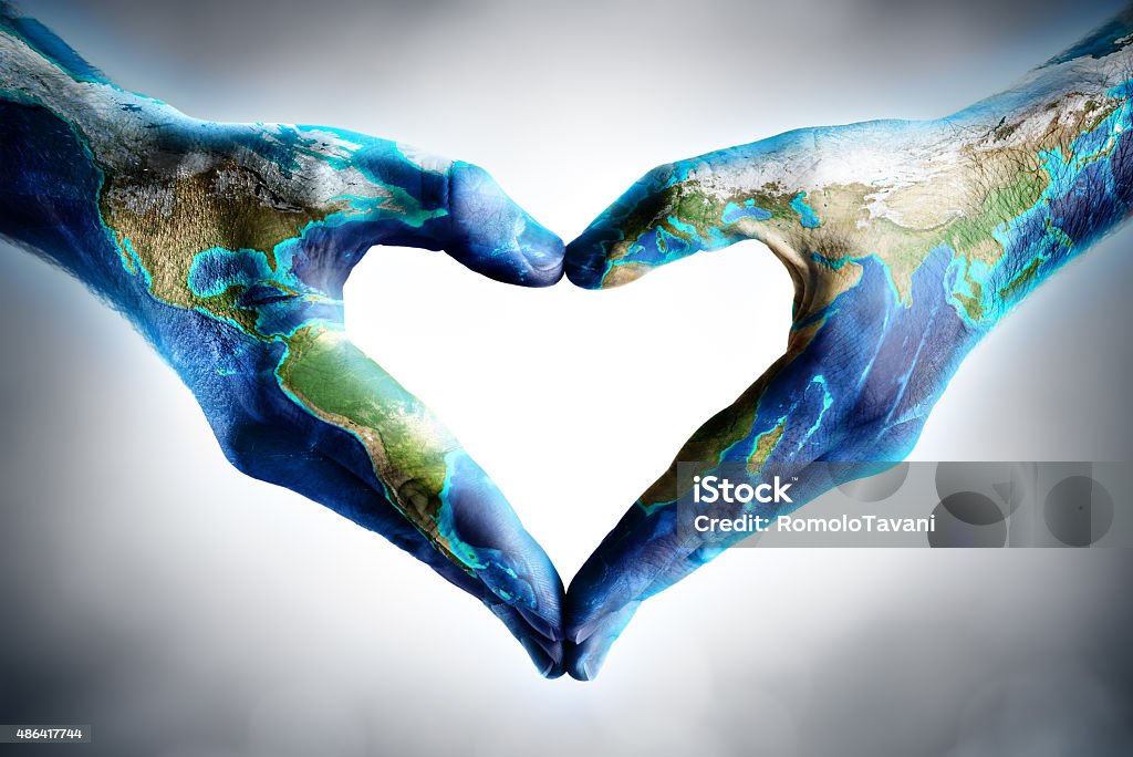 earth's day celebration - hands shaped heart with world map 3d rendering, Earth. rendering in photoshop - Photorealistic globe with lots of details.  Cultures Stock Photo
