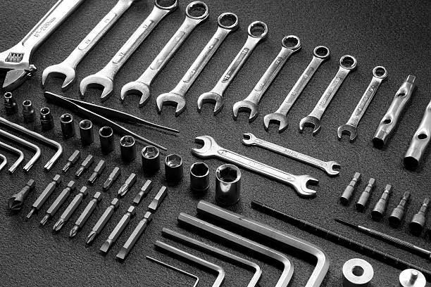 istock Set of mechanical hand tools on black background 486420124