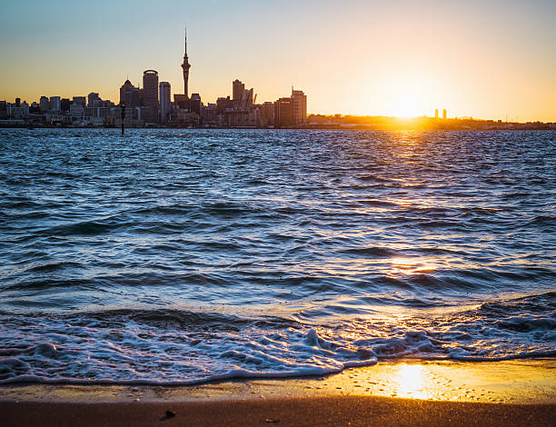 istock Auckland skyline at sunset from Devonport beach 486423796