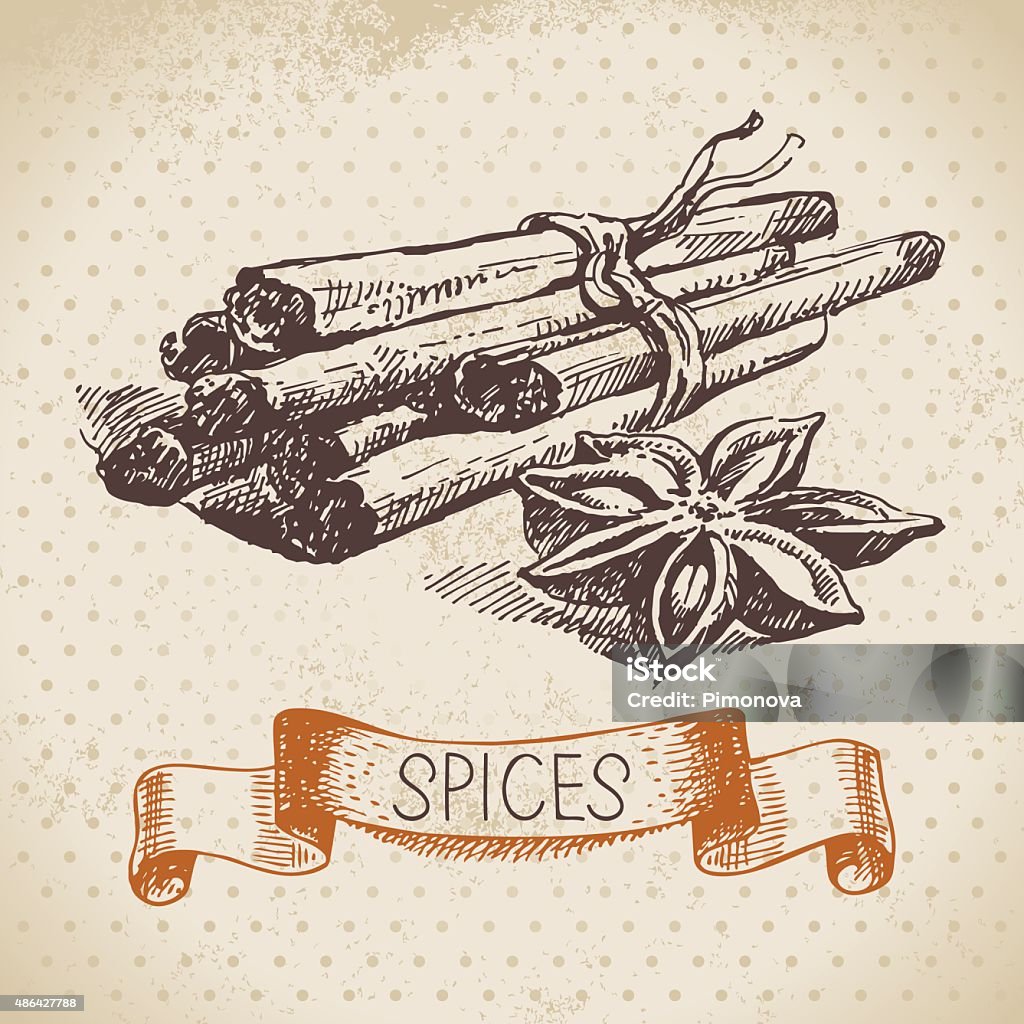 Kitchen herbs and spices. Vintage background with hand drawn ske Kitchen herbs and spices. Vintage background with hand drawn sketch cinnamon 2015 stock vector