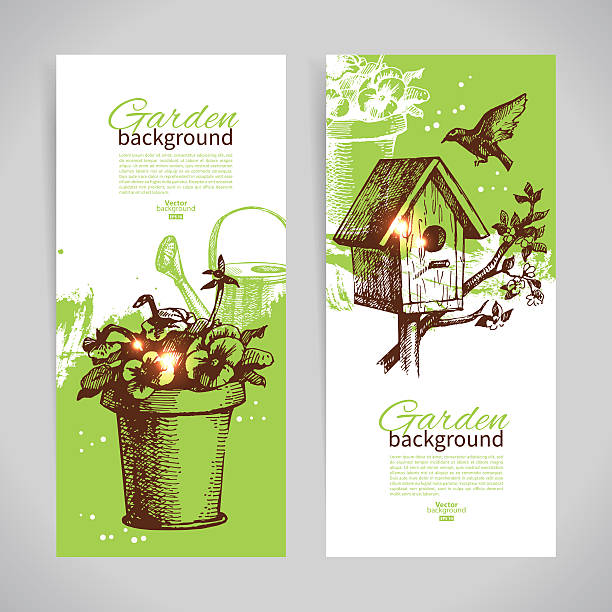 ilustrações, clipart, desenhos animados e ícones de desenho de conjunto de banner de jardinagem modelos. mão desenhada vintage mal - picking up single object leisure activity recreational pursuit