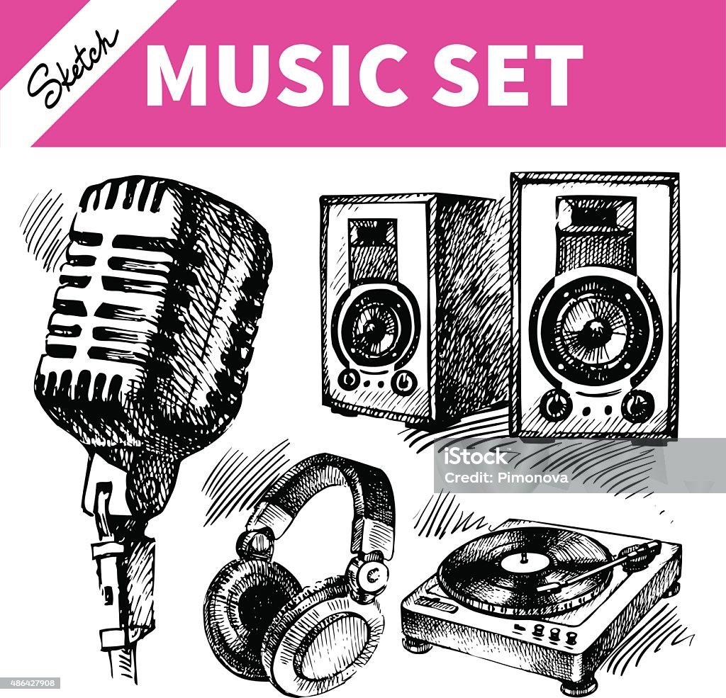 Sketch music set. Hand drawn illustrations of Dj icons Microphone stock vector