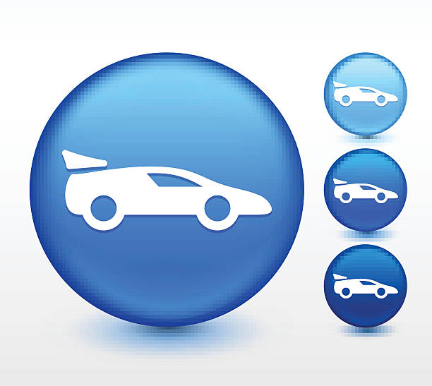 ilustrações de stock, clip art, desenhos animados e ícones de luxo carro desportivo no botão redondo em azul - three dimensional car vibrant color circle