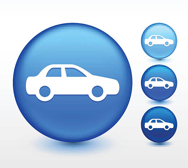 ilustrações de stock, clip art, desenhos animados e ícones de carro sedan no botão redondo azul - three dimensional car vibrant color circle