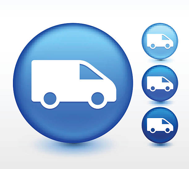 ilustrações de stock, clip art, desenhos animados e ícones de mover van no botão redondo azul - three dimensional car vibrant color circle