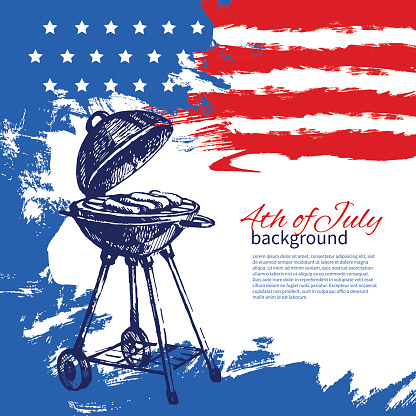 4th of July background with American flag. Independence Day vintage hand drawn sketch design