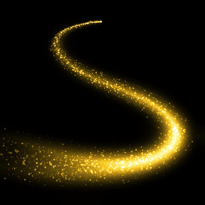 Gold glittering bokeh stars dust tail. Glittering gold smoke tail. Twinkling glitter.