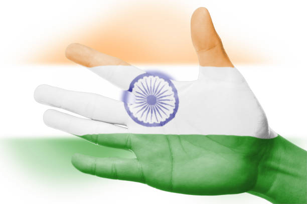 istock Cheering fan with Painting national India flag 486439423