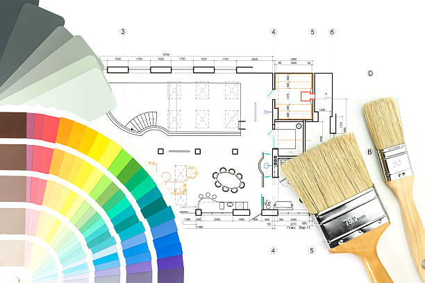 istock Architectural drawing with palette of colors and brushes 486441027