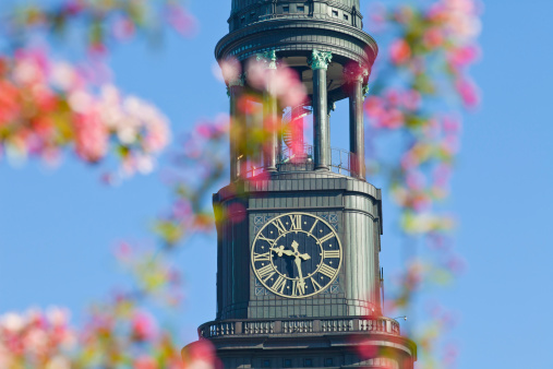 The tower of the baroque church Michel in spring time