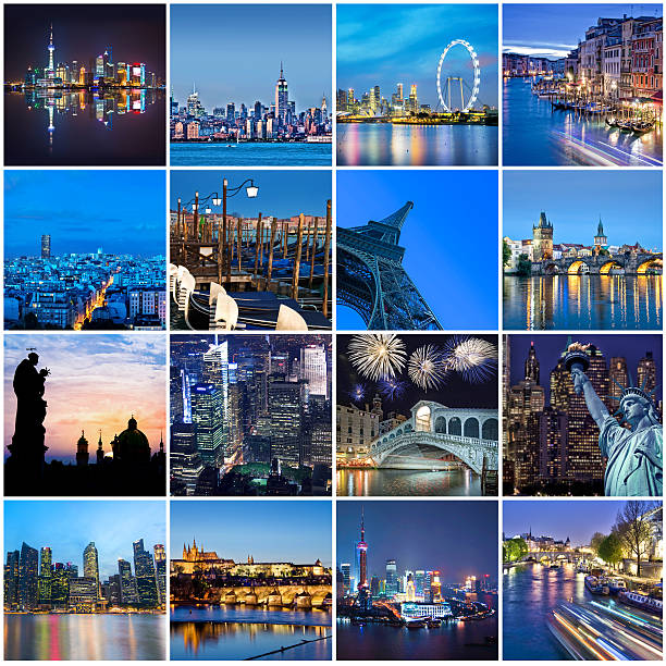 ciudades de la palabra por la noche, cuadrado collage - ciudades capitales fotos fotografías e imágenes de stock