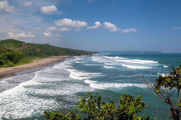 istock Beach coast with blue sky and green hill 486442827