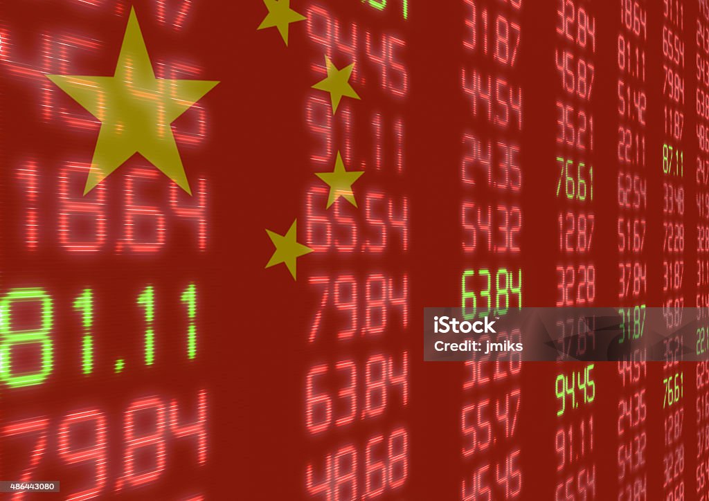 Chinese Stock Market Down Chinese Stock Market - Red and Green Figures on Chinese Flag 2015 Stock Photo