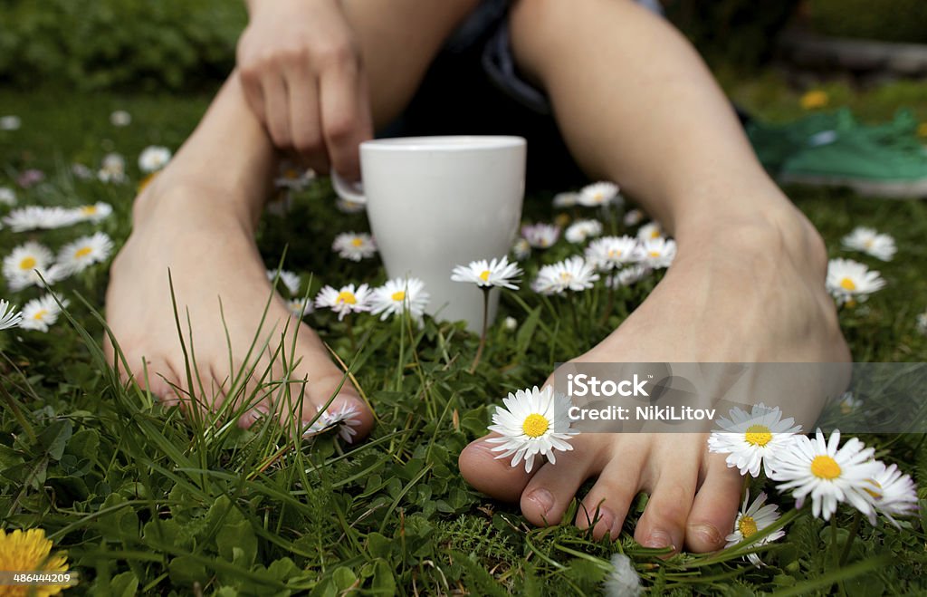 Relax Feet in grass on meadow with chamomile and cup of coffee. Barefoot Stock Photo