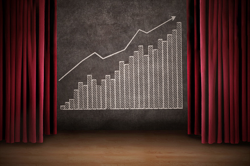 Business profit bar chart illustration on stage with red curtain