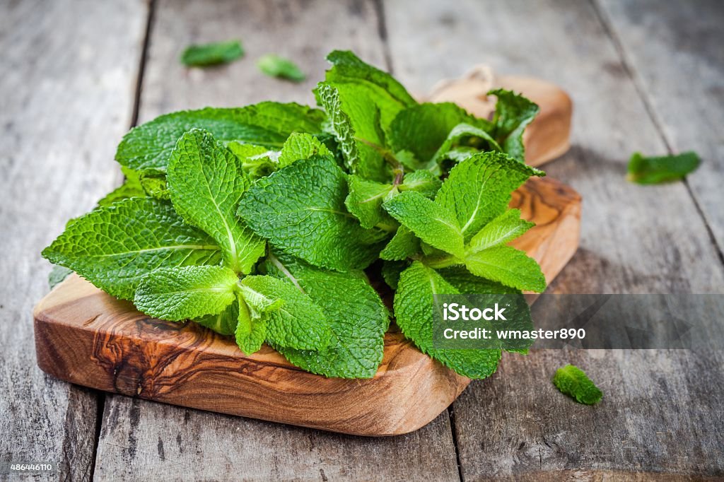 organic fresh bunch of mint on wooden cutting board organic fresh bunch of mint on wooden cutting board  on a rustic background Bundle Stock Photo