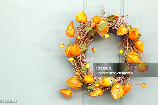 Cape Gooseberry Autumnal Wreath Stock Photo - Download Image Now - Autumn, Wreath, Door
