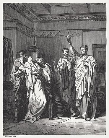 Oath of Brutus. After the rape of Lucretia by Sextus, she commits suicide and Lucius Junius Brutus (? - supposedly 509 BC) swears to avenge them. Wood engraving after a painting by Jules-Élie Delaunay (French painter, 1828 - 1891), published in 1878.