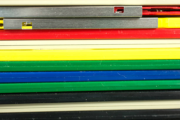 istock The edges of colorful obsolete computer  floppy disks. 486451730