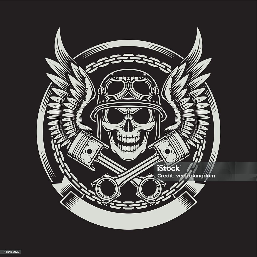 Vintage Biker Skull with Wings and Pistons Emblem fully editable vector illustration of vintage biker skull with wings and pistons emblem on black background, image suitable for emblem, insignia, crest, graphic t-shirt, or tattoo Biker stock vector