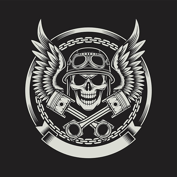 Vintage Biker Skull with Wings and Pistons Emblem fully editable vector illustration of vintage biker skull with wings and pistons emblem on black background, image suitable for emblem, insignia, crest, graphic t-shirt, or tattoo biker stock illustrations