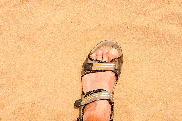 istock Foot in sandal on sand 486454280