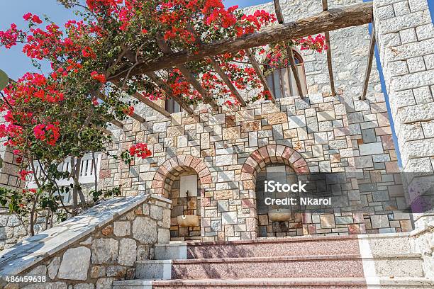 Flowering Bougainvillea On Wooden Patio Pergola On Greek Island Kalymnos Stock Photo - Download Image Now