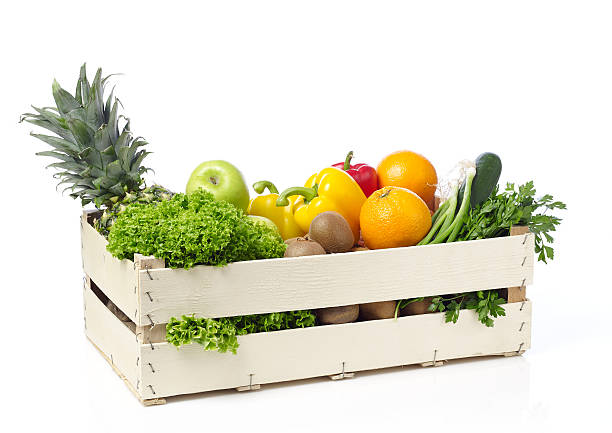 istock Fruits and vegetables on wooden crane 486467740