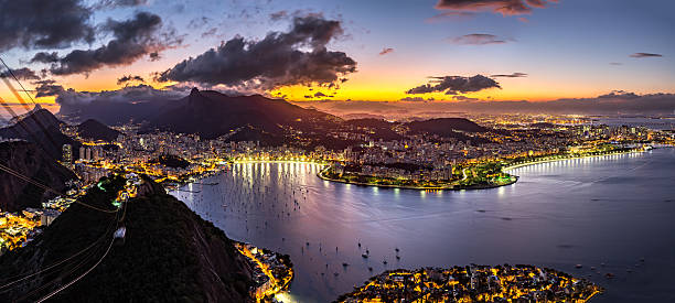 Panoramic view of Rio de Janeiro Panoramic view of Rio de Janeiro by night, as viewed from Sugar Loaf peak. cristo redentor rio de janeiro stock pictures, royalty-free photos & images