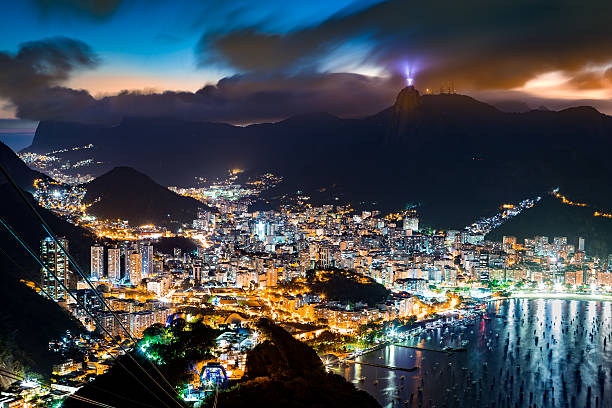 Rio de Janeiro by night Aerial view over Rio de Janeiro on a hazy night, as viewed from Sugar Loaf peak. corcovado stock pictures, royalty-free photos & images
