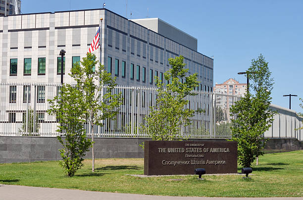 Embassy of the United States of America in Kiev Kiev, Ukraine - July 18, 2015: Building of the Embassy of the United States of America with granite plate with the inscription "The Embassy of the USA " in English and Ukrainian languages in Kiev, Ukraine. embassy photos stock pictures, royalty-free photos & images