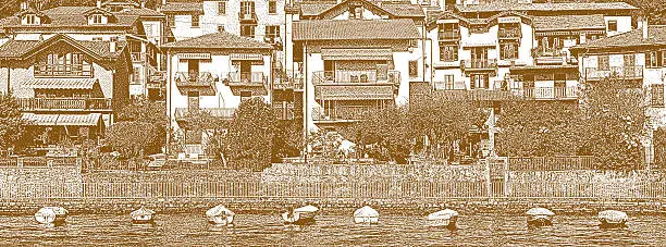 Vector illustration of Italian Villas and Boats on Lake Como, Italy