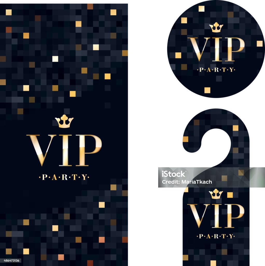 VIP invitation card, warning hanger and badge VIP zone members premium invitation card, warning hanger and round label badge. Black and golden design template set. Pixel mosaic texture. Celebrities stock vector