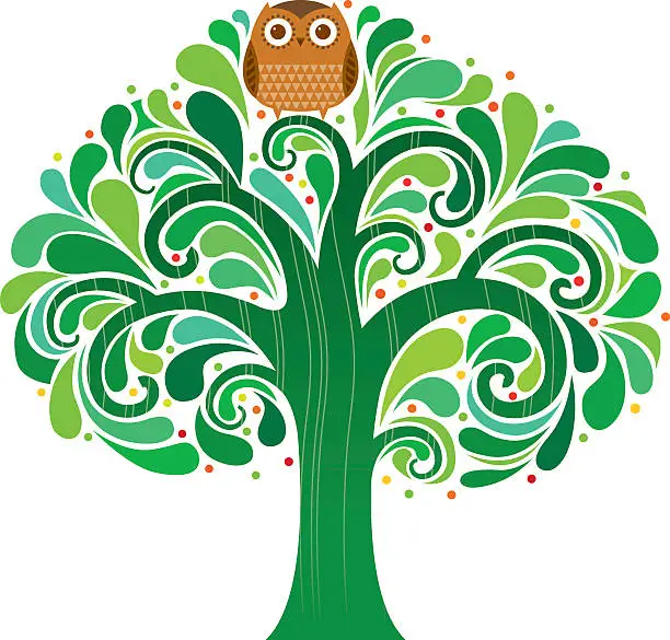 Vector illustration of Swirly owl tree