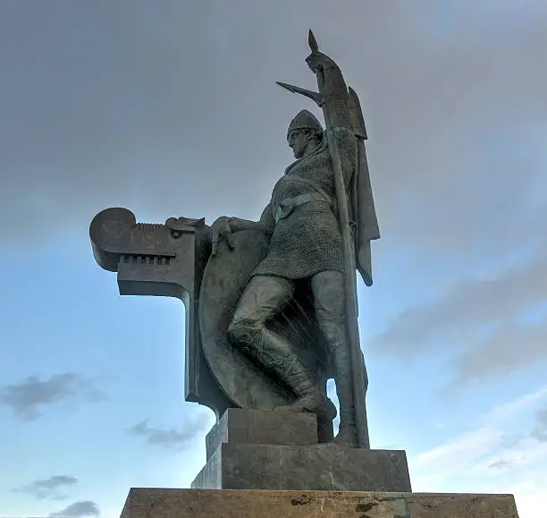 Statue of Ingolf Arnarson in Arnarholl, Reykjavik, Iceland. He was a settler from Norway. He's believed to have settled in the capital near 870 and is usually considered the first settler of Iceland.