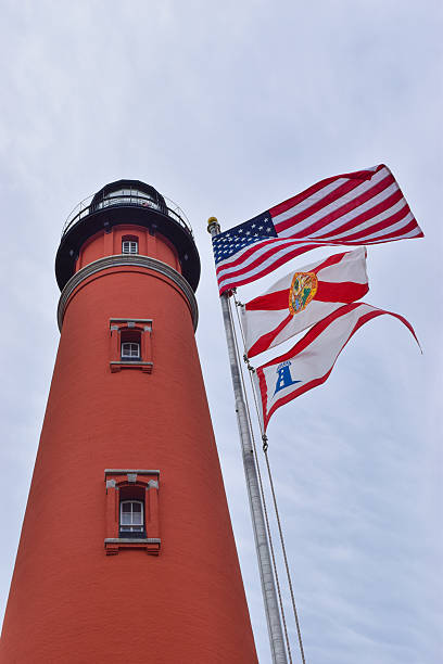 Florida's tallest lighthouse at Ponce Inlet, south of Daytona Beach, Florida.Florida's tallest lighthouse at Ponce Inlet, south of Daytona Beach, Florida with flags of the United States and Florida.