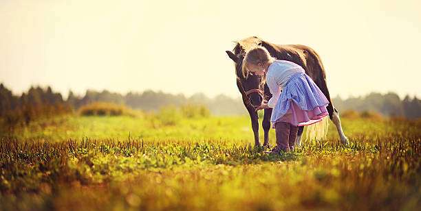 niña y el pony - horse child animal feeding fotografías e imágenes de stock