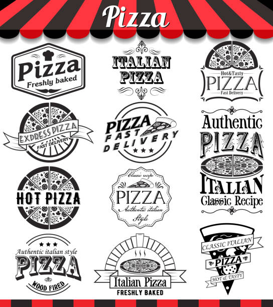 Vector pizza badges stickers and labels food set. Pizzeria menu vintage design elements and badges set. Collection of vector pizza signs, symbols and icons. toll free stock illustrations