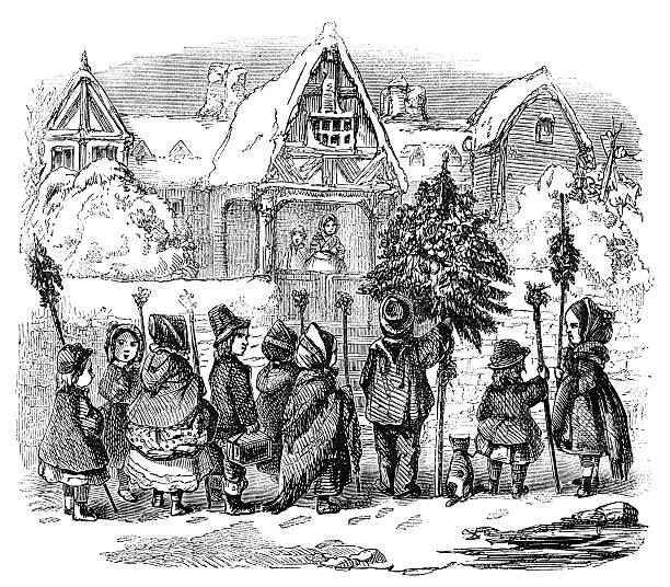 dzieci śpiewać boże narodzenie carols - christmas tree family winter art stock illustrations