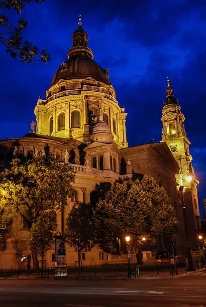 Night-time shot of the famous St.Stephen's Basillca in Budapest, Hungary
