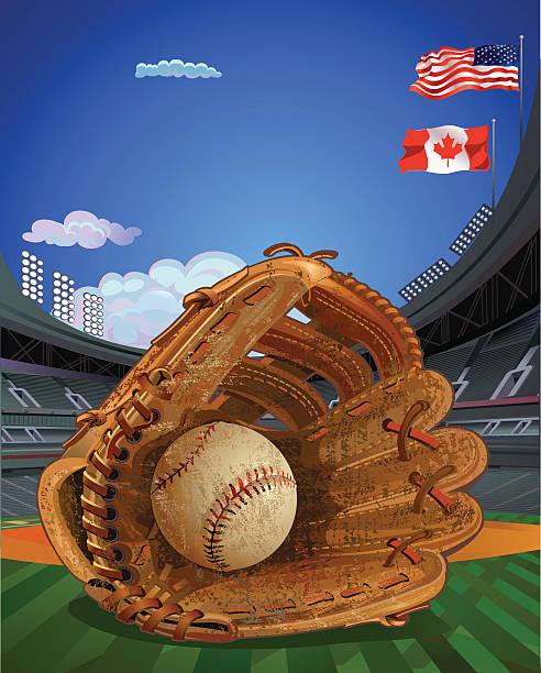 illustrazioni stock, clip art, cartoni animati e icone di tendenza di guanto da baseball vintage stadio - baseballs baseball stadium athlete