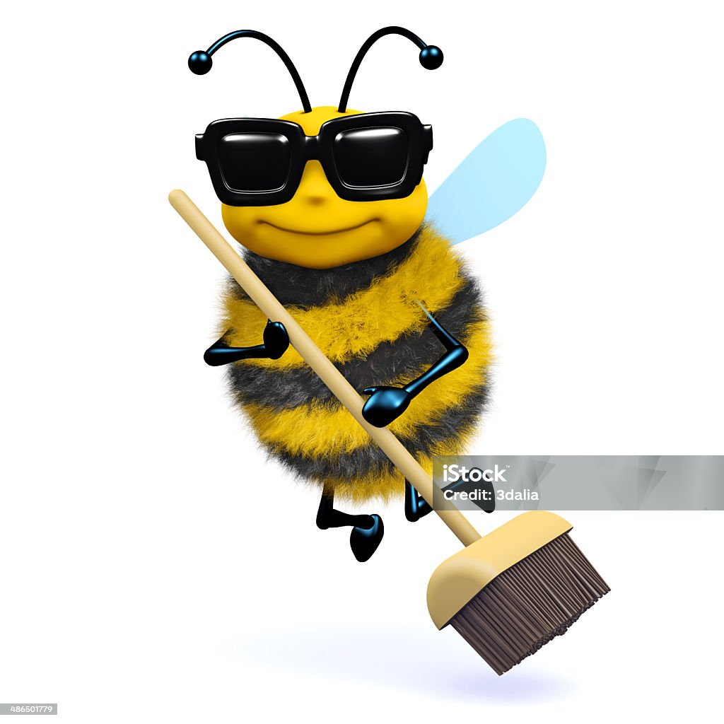 3d Cleaner bee 3d render of a bee with a broom Animal Stock Photo