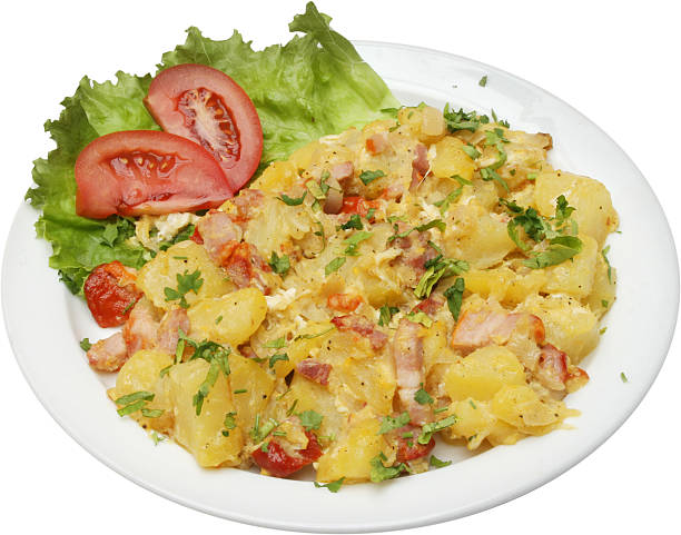 Vegetarian food from mixed vegetables and bacon, served with salad